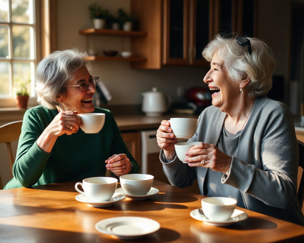 Two women laughing over tea